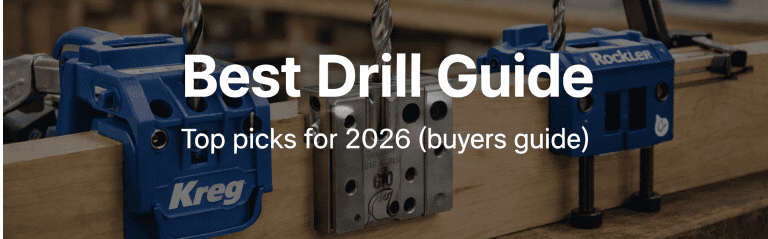 Drill guide setups on a wood board for drilling straight holes